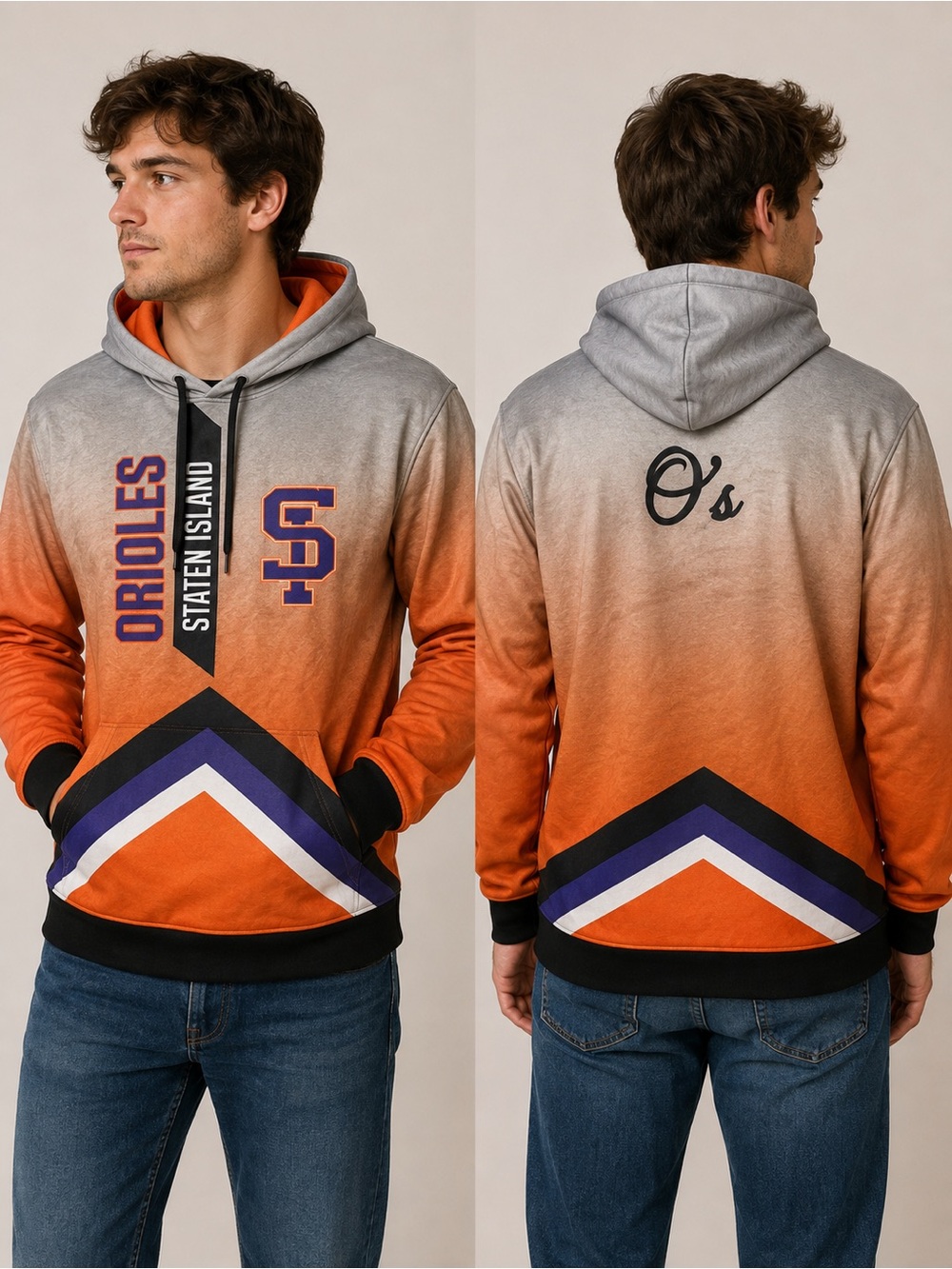 Staten Island Orioles Hoodie Mens Medium Orange Grey Excellent Graphic Baseball